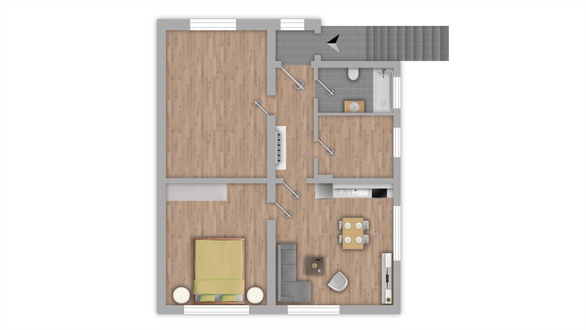 Grundrissplan des Erdgeschosses mit Schlafzimmer, Wohnbereich, Küche und Bad.