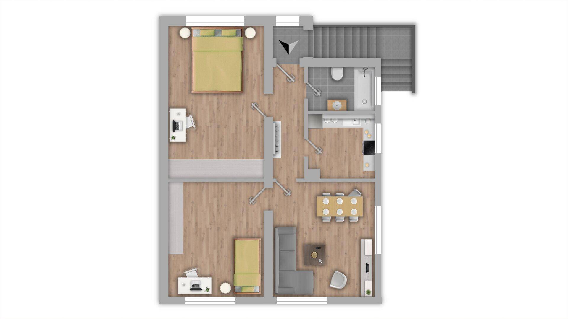 Detaillierter Grundrissplan mit zwei Schlafzimmern, Wohnbereich, Küche und Badezimmer.