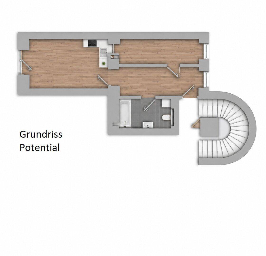 Grundriss mit Treppenhaus und Bad, zeigt das Potenzial der Raumaufteilung im Gebäude.