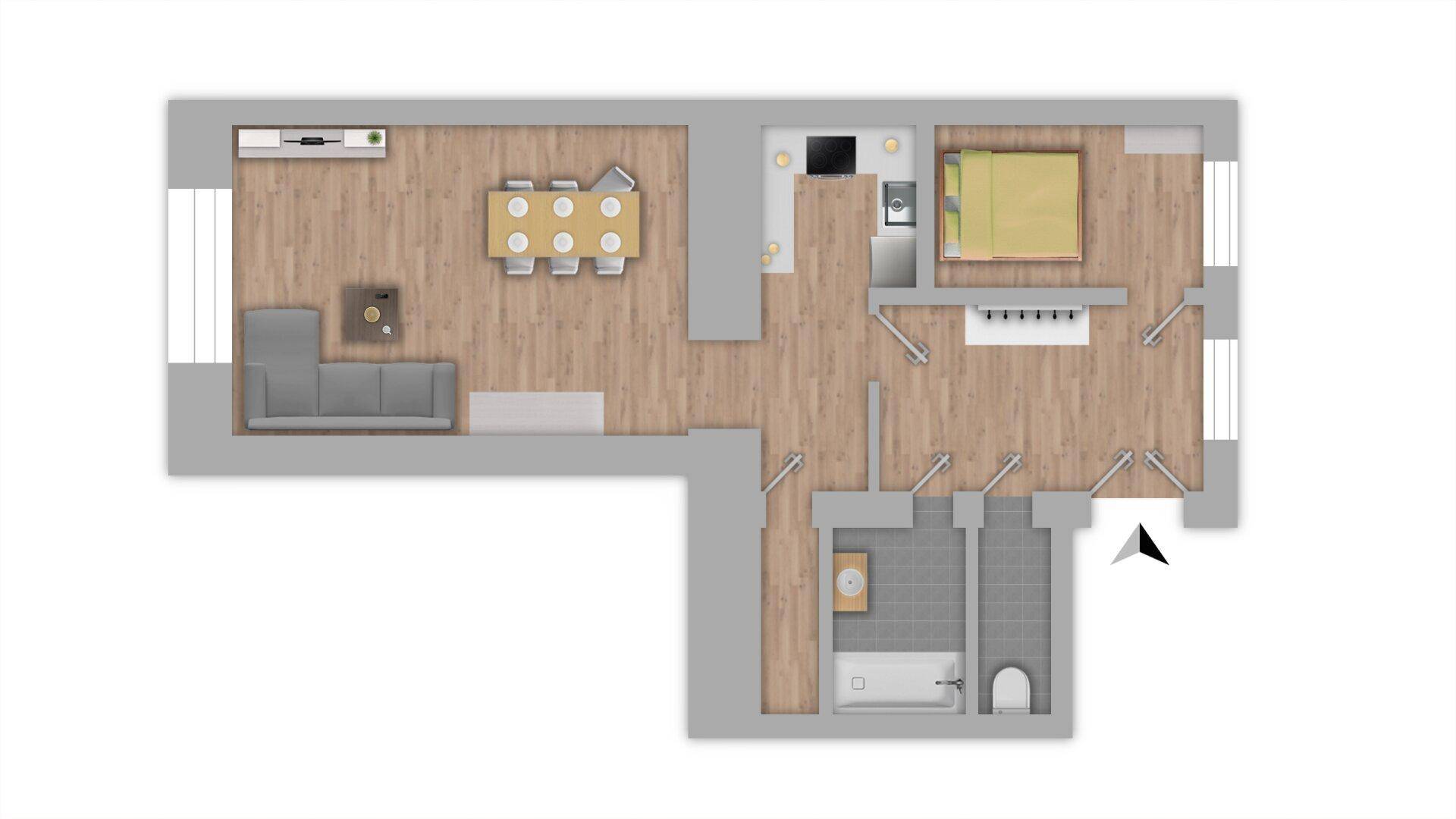 Detaillierter Grundriss einer Wohnung mit offenem Wohnbereich, Schlafzimmer und Badezimmer.