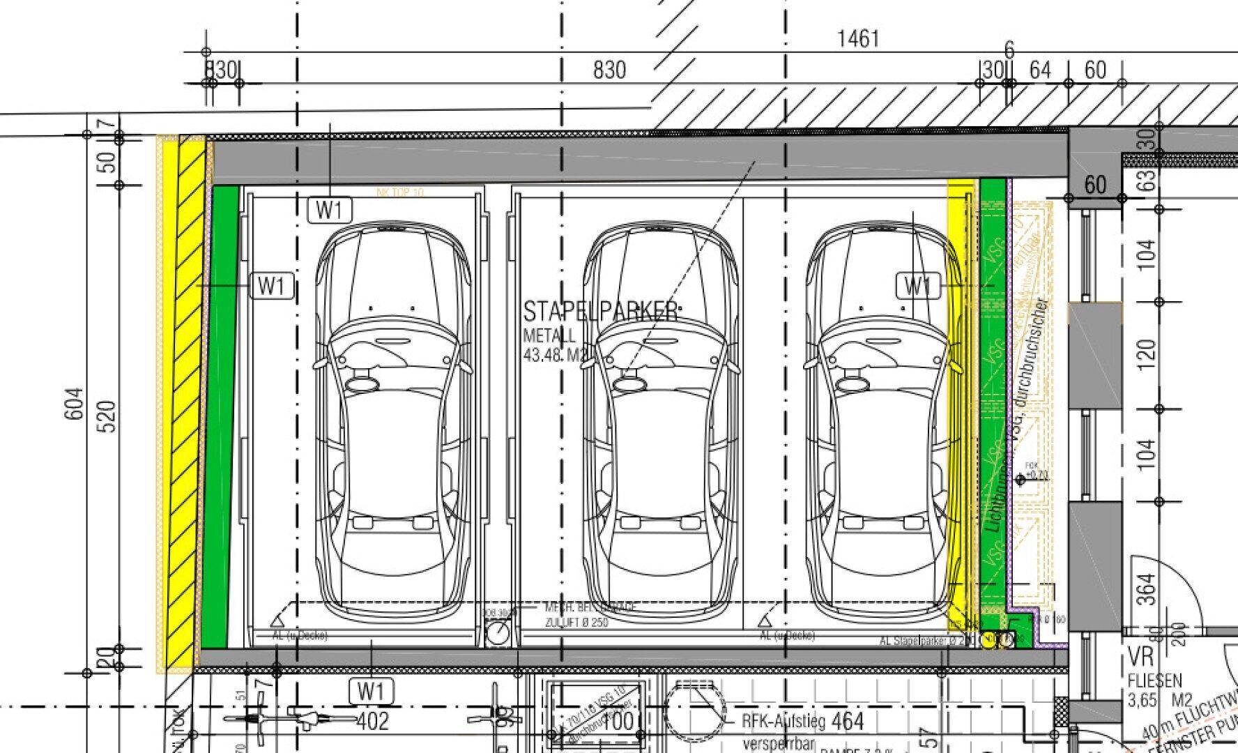 Grundrissplan zeigt drei Stellplätze mit Stapelparksystem in einer Tiefgarage.