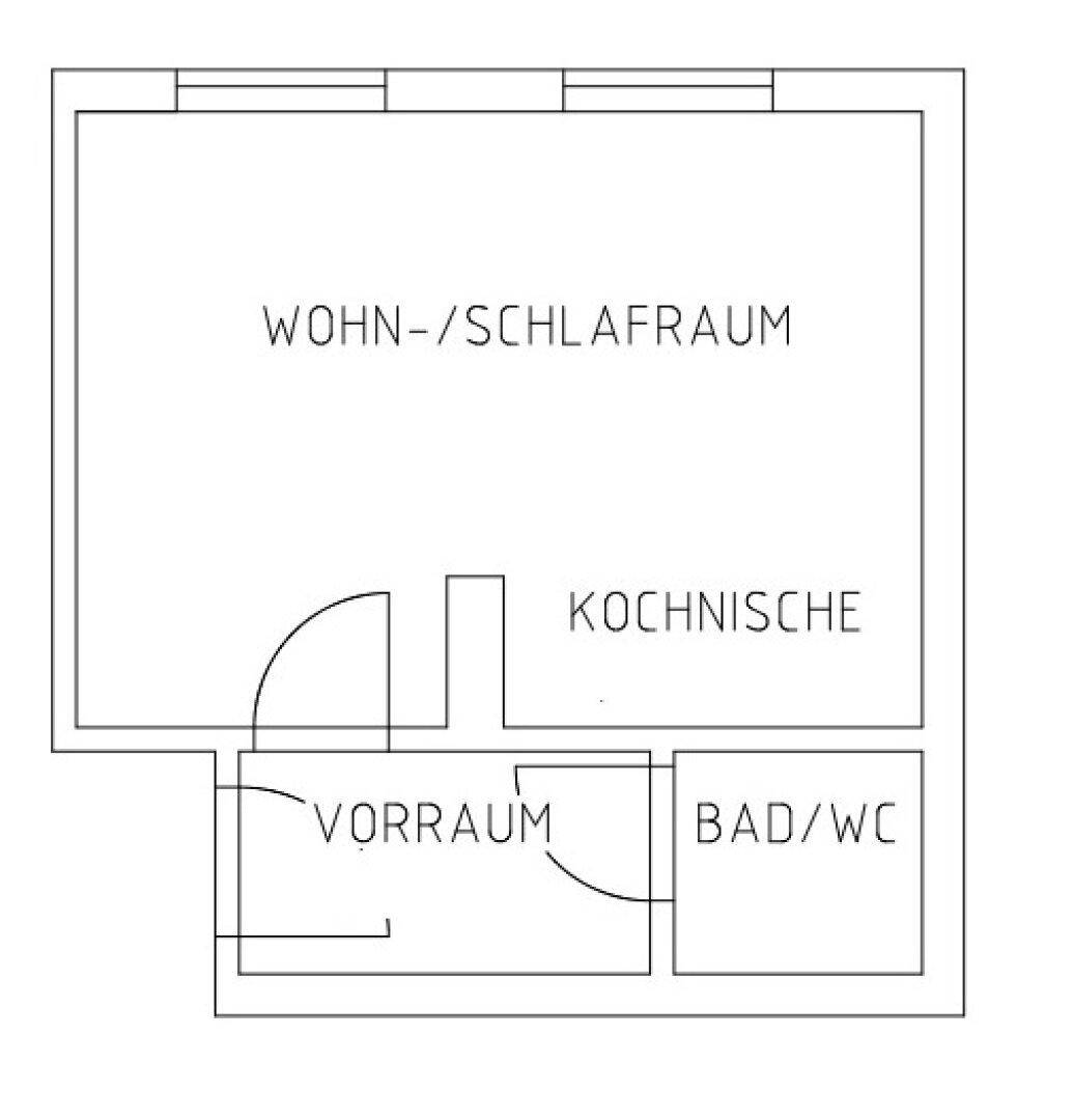 Grundriss einer kleinen Wohnung mit kombiniertem Wohn-/Schlafraum, Kochnische und Bad/WC.