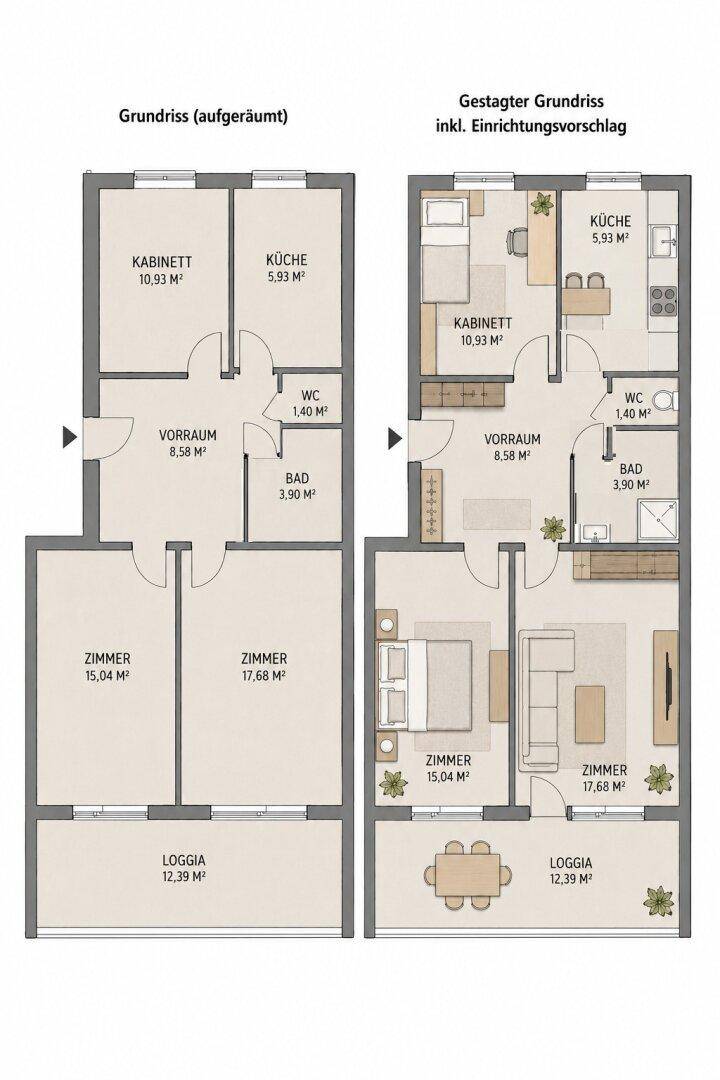 Grundriss zeigt zwei Varianten einer Wohnung mit Zimmern, Küche, Bad, WC und Loggia.