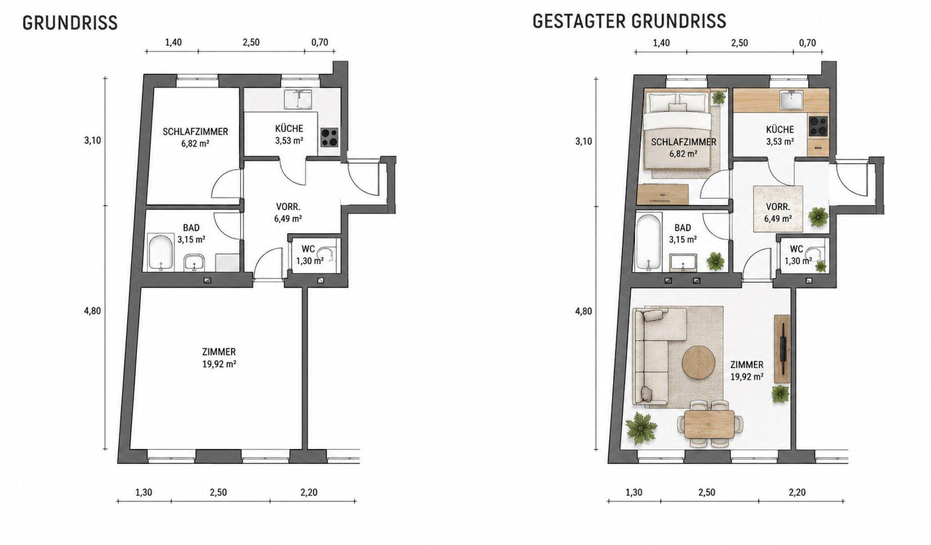 Grundriss mit zwei Schlafzimmern, Bad, WC und offenem Wohnbereich sowie Balkon.