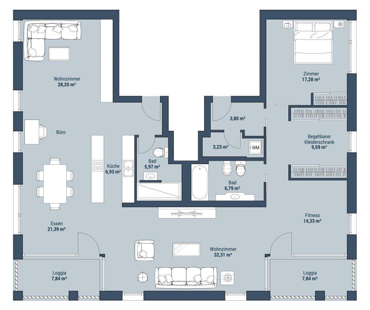 Detaillierter Grundriss einer Wohnung mit zwei Wohnzimmern, Schlafzimmer, Büro und Loggien.