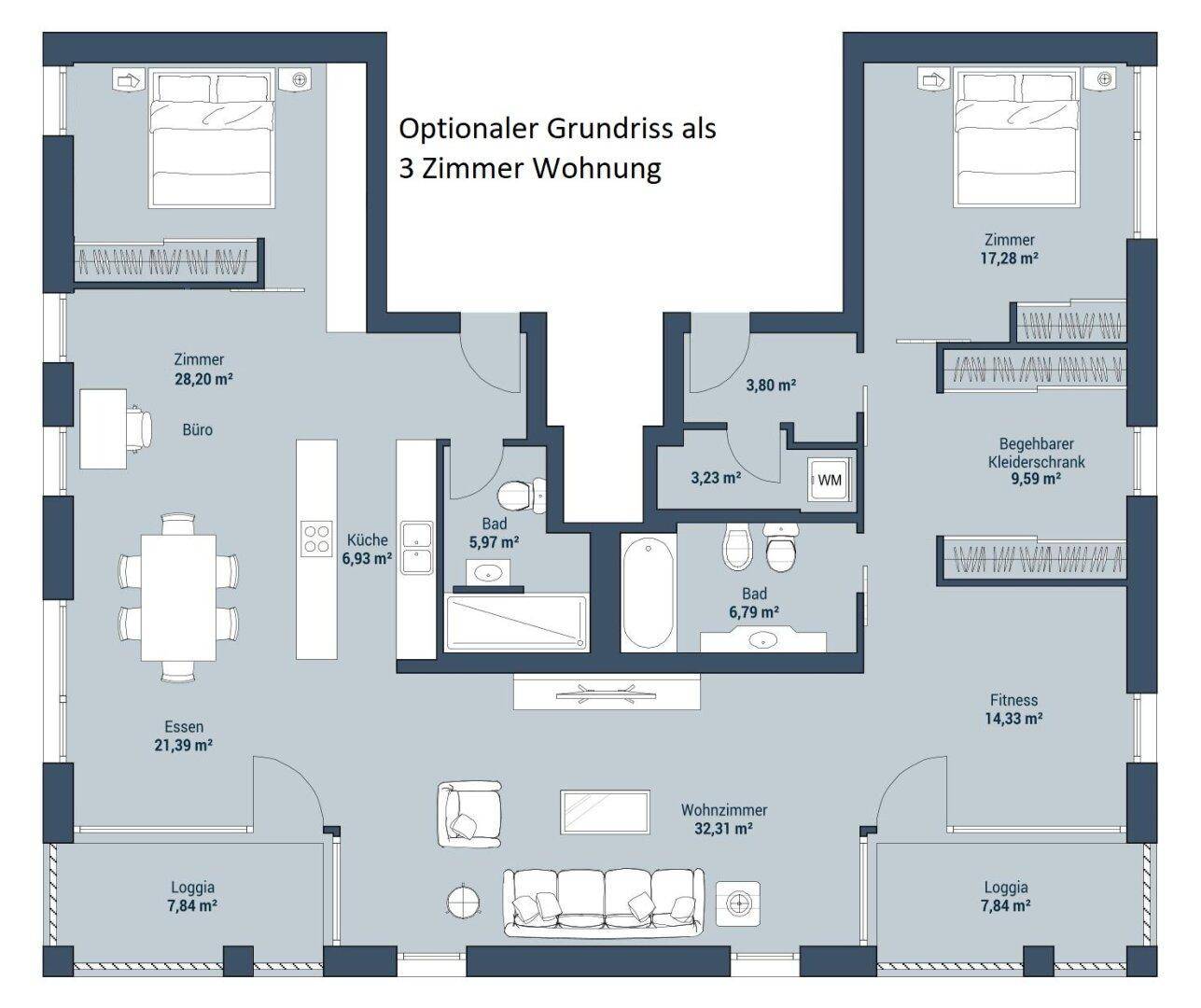 Optionaler Grundriss einer 3-Zimmer-Wohnung mit flexibler Raumaufteilung und Loggien.