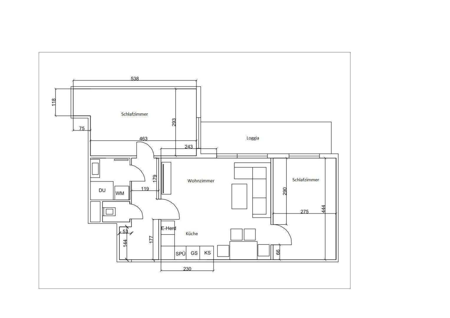 Grundriss der Wohnung mit zwei Schlafzimmern, Wohnzimmer, Küche und Loggia.