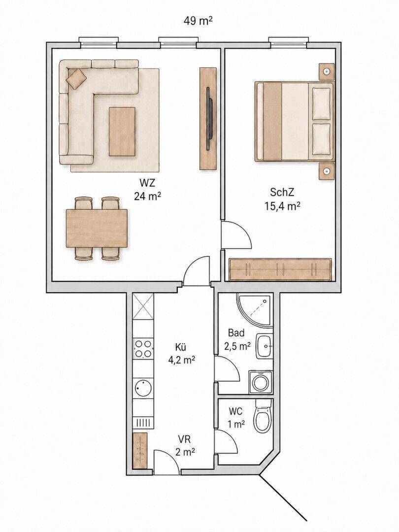 Grundriss einer 49 m² Wohnung mit separater Küche, Wohnzimmer, Schlafzimmer und zwei Bädern.