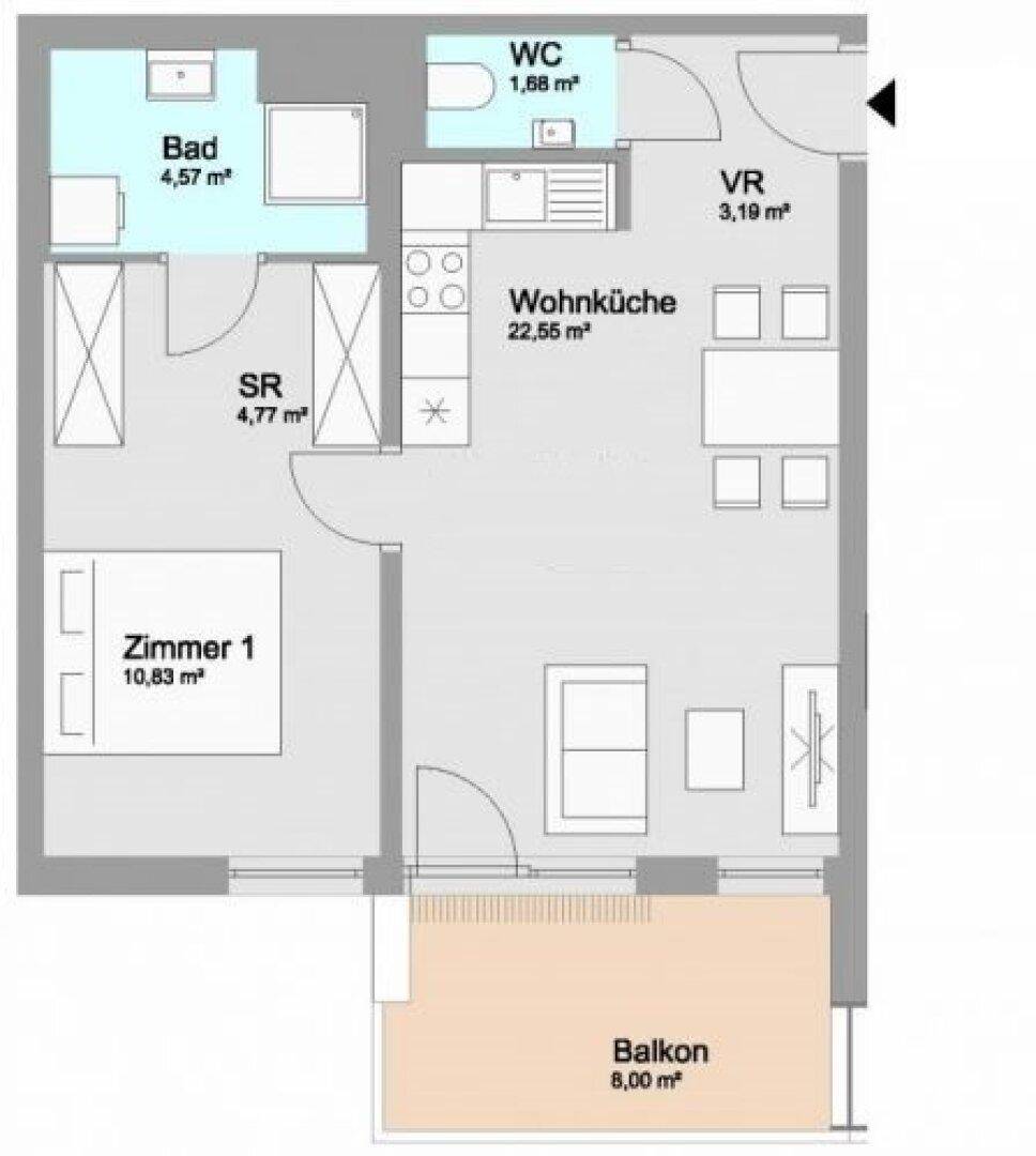 Grundriss einer Wohnung mit Wohnküche, einem Schlafzimmer, Bad, separatem WC und Balkon.
