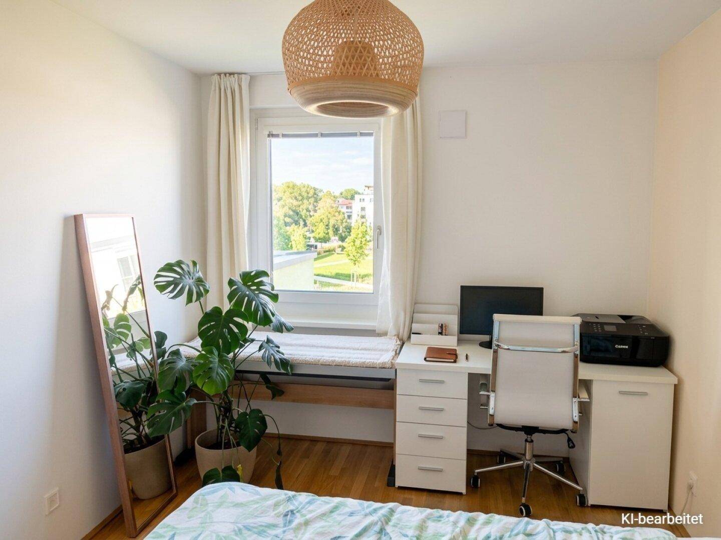 Helles Schlafzimmer mit Schreibtisch, Pflanzen und Blick ins Grüne durch das große Fenster.