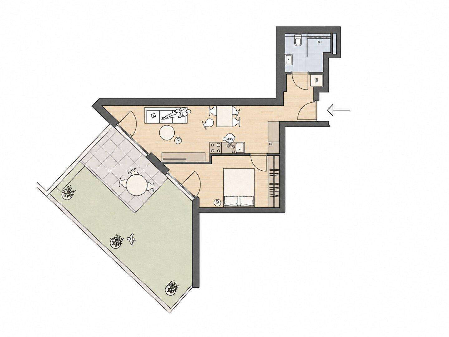 Grundriss einer Wohnung mit einem Schlafzimmer, offenem Wohnbereich und großer Terrasse.