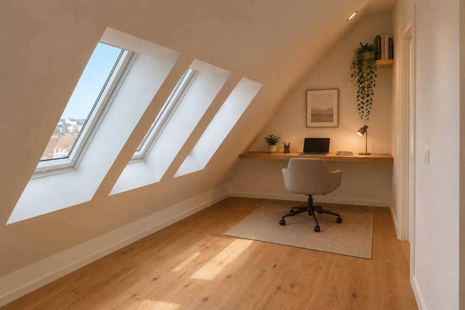 Helles Dachgeschossbüro mit schrägen Wänden, Holzboden und mehreren Dachfenstern für viel Tageslicht.