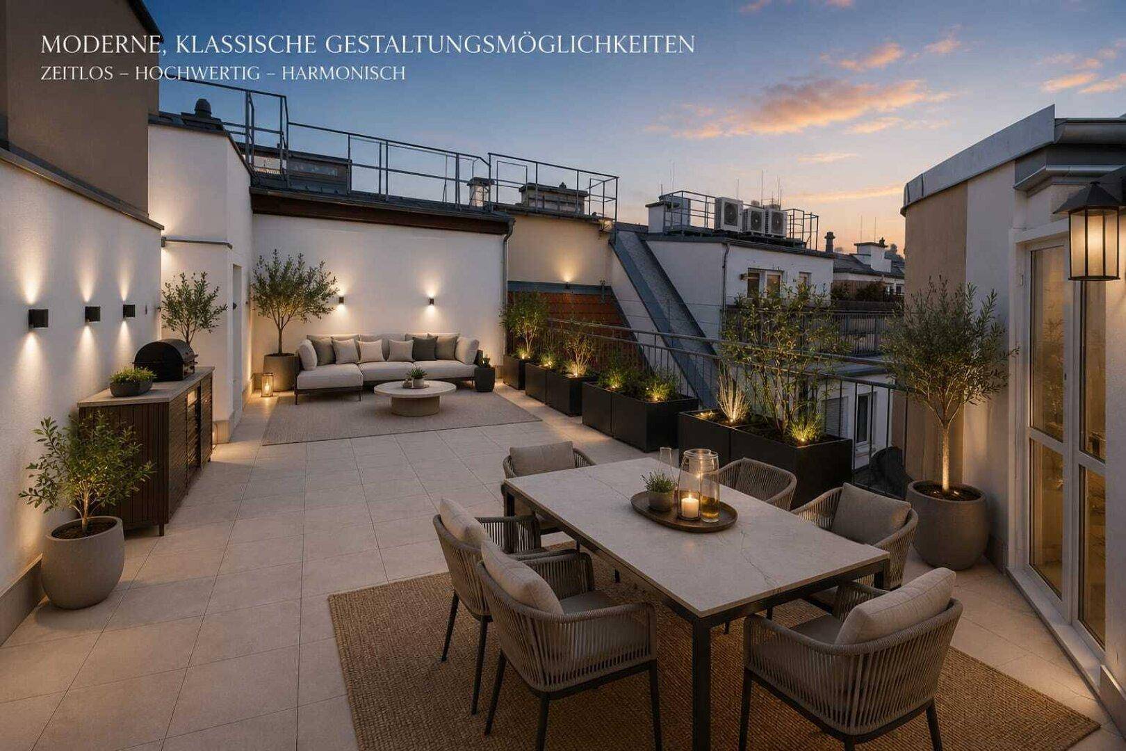 Großzügige Dachterrasse mit stilvollen Lounge- und Essbereichen sowie moderner Beleuchtung für Abendstunden.