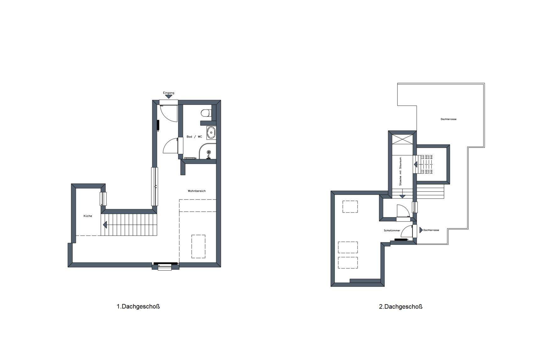 Grundrissplan zeigt zwei Dachgeschossebenen mit Küche, Wohnbereich, Bad, Schlafzimmer und großer Dachterrasse.