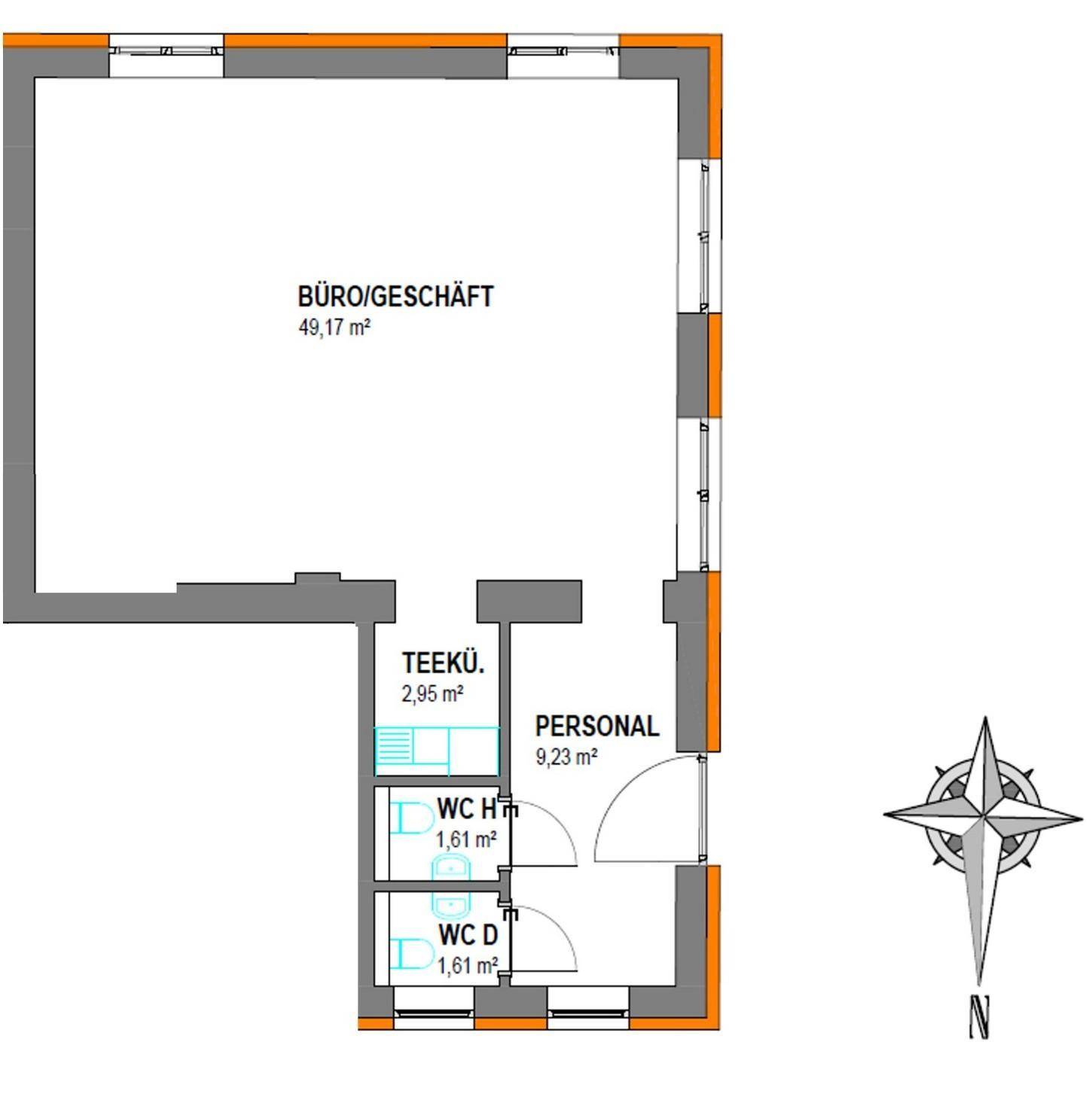 Grundrissplan eines Büros oder Geschäftsraums mit Teeküche, Personalbereich und zwei separaten Toiletten.