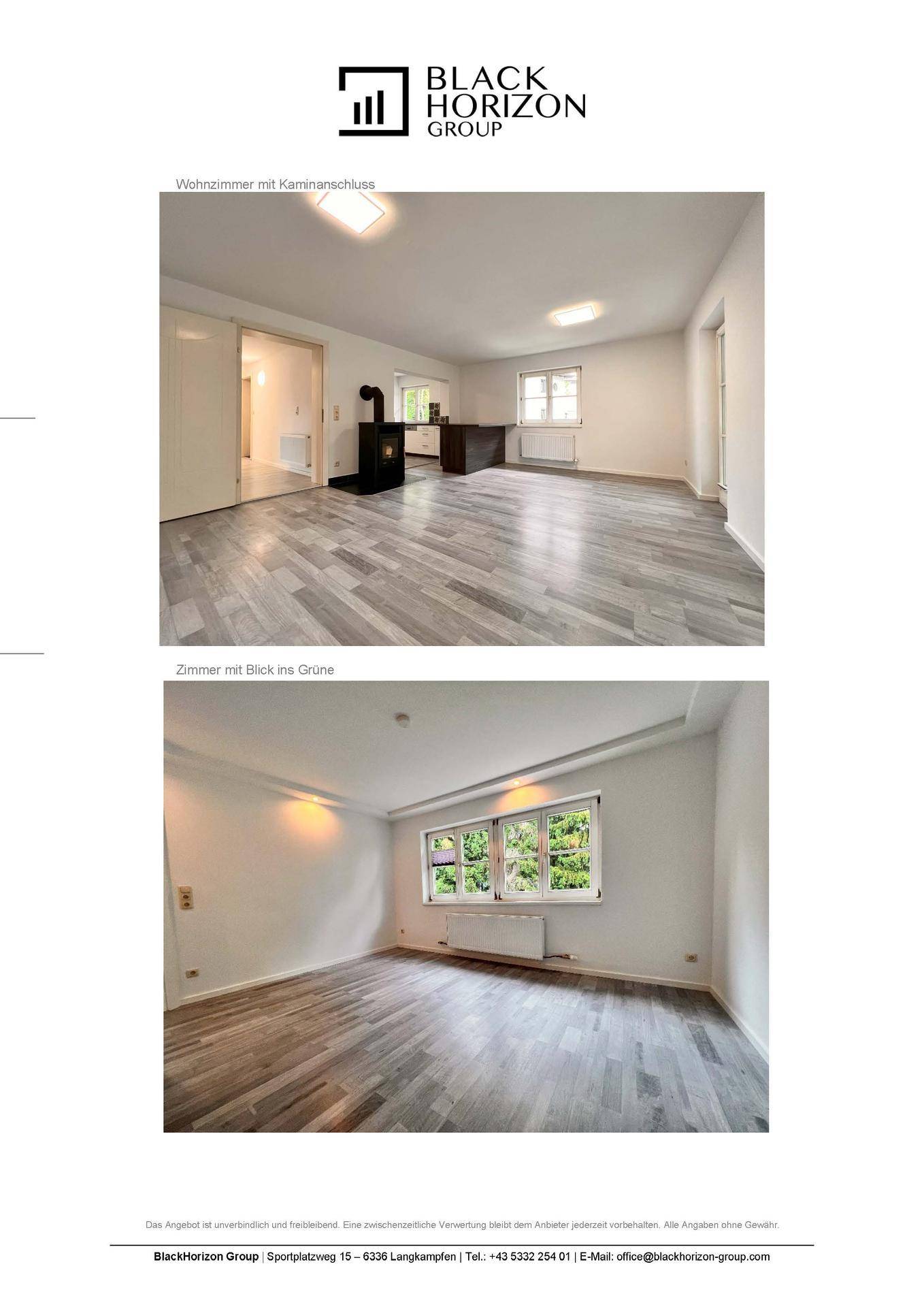 Helles Wohnzimmer mit modernem Holzboden, Kaminofen und Blick ins Grüne.