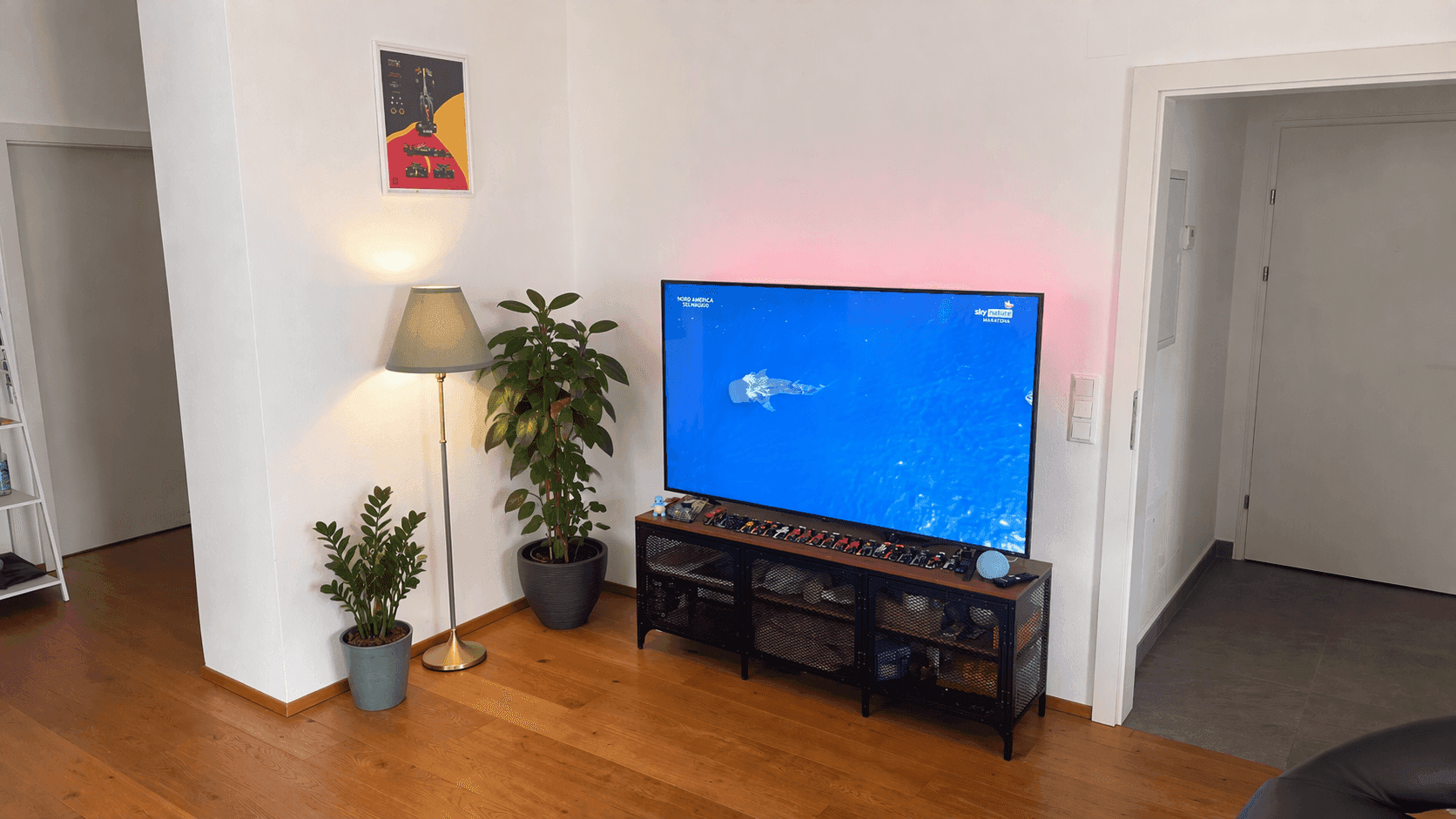 Gemütliches Wohnzimmer mit großem Fernseher, Pflanzen und Holzboden.