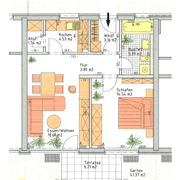 Detaillierter Grundriss einer Wohnung mit offenem Wohn-Essbereich, Schlafzimmer, Küche und Außenbereichen.