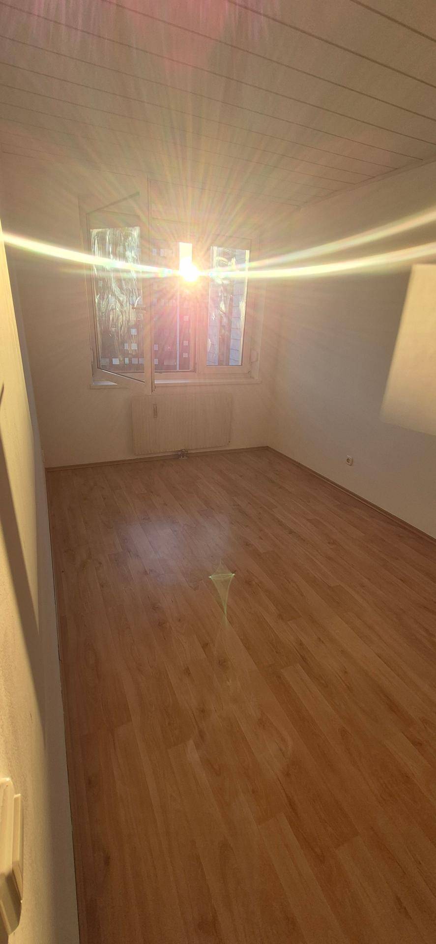 Sonnenverwöhntes Zimmer mit Laminatboden und Holzdecke, durchflutet von hellem Tageslicht.