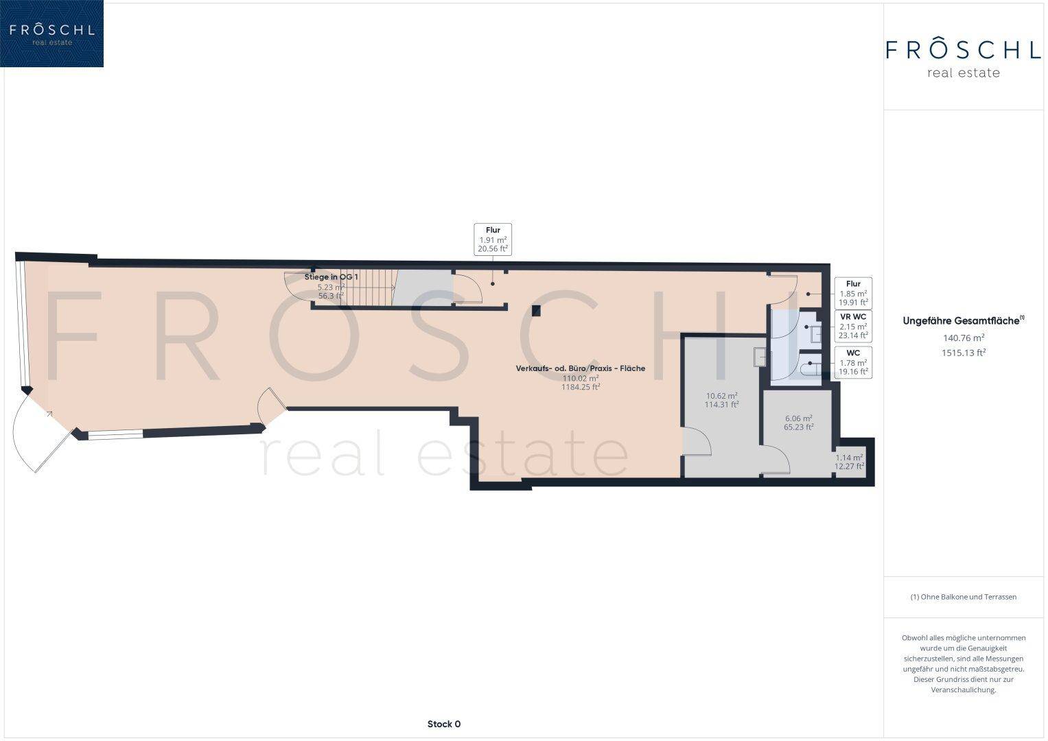 Grundriss des Erdgeschosses mit Verkaufsfläche, Flur und Sanitäranlagen.