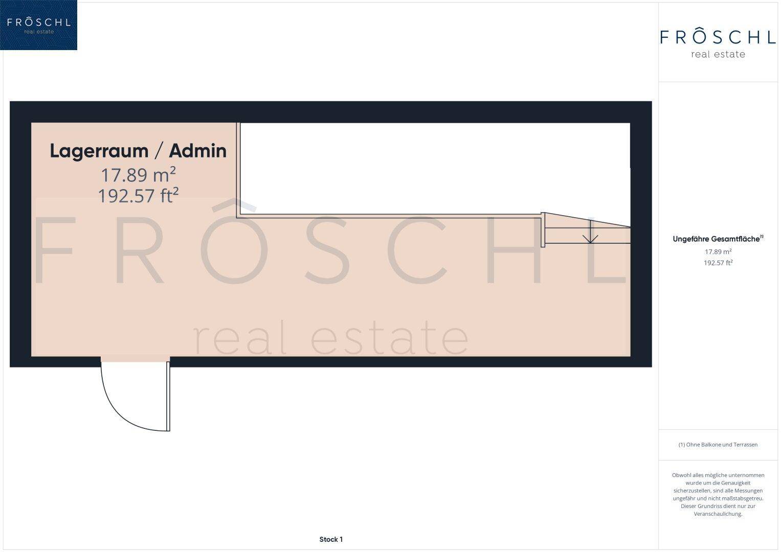 Grundriss des ersten Stocks mit Lagerraum und Verwaltungsbereich.