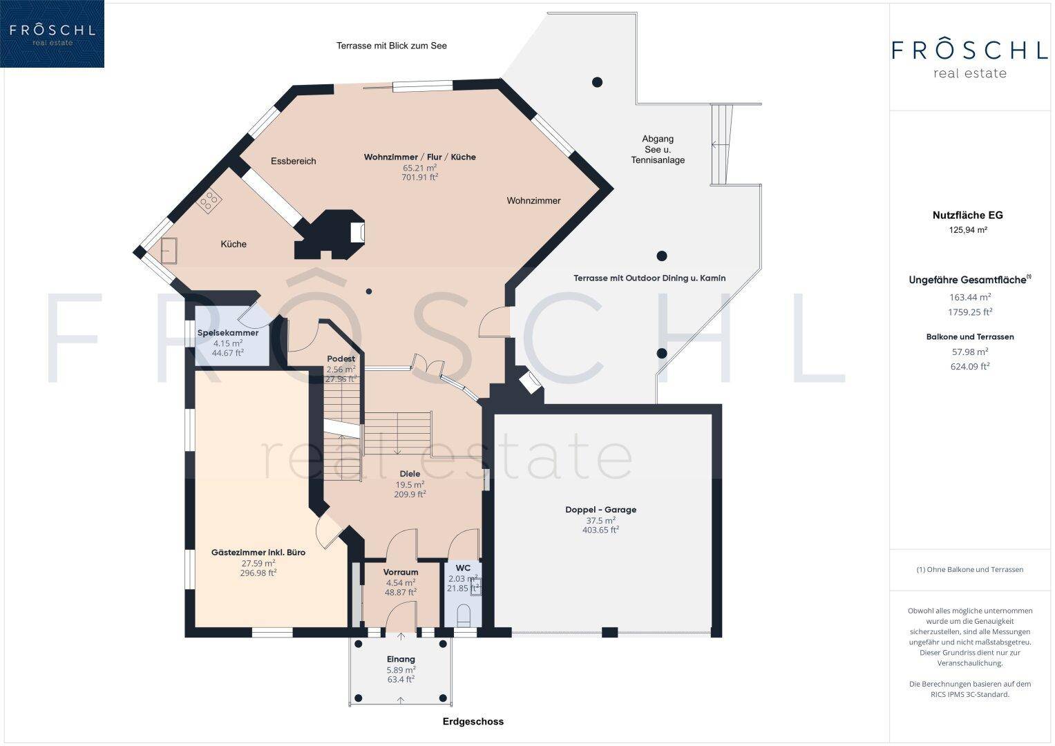 Grundriss des Erdgeschosses mit Wohnzimmer, Küche, Büro und Doppelgarage.