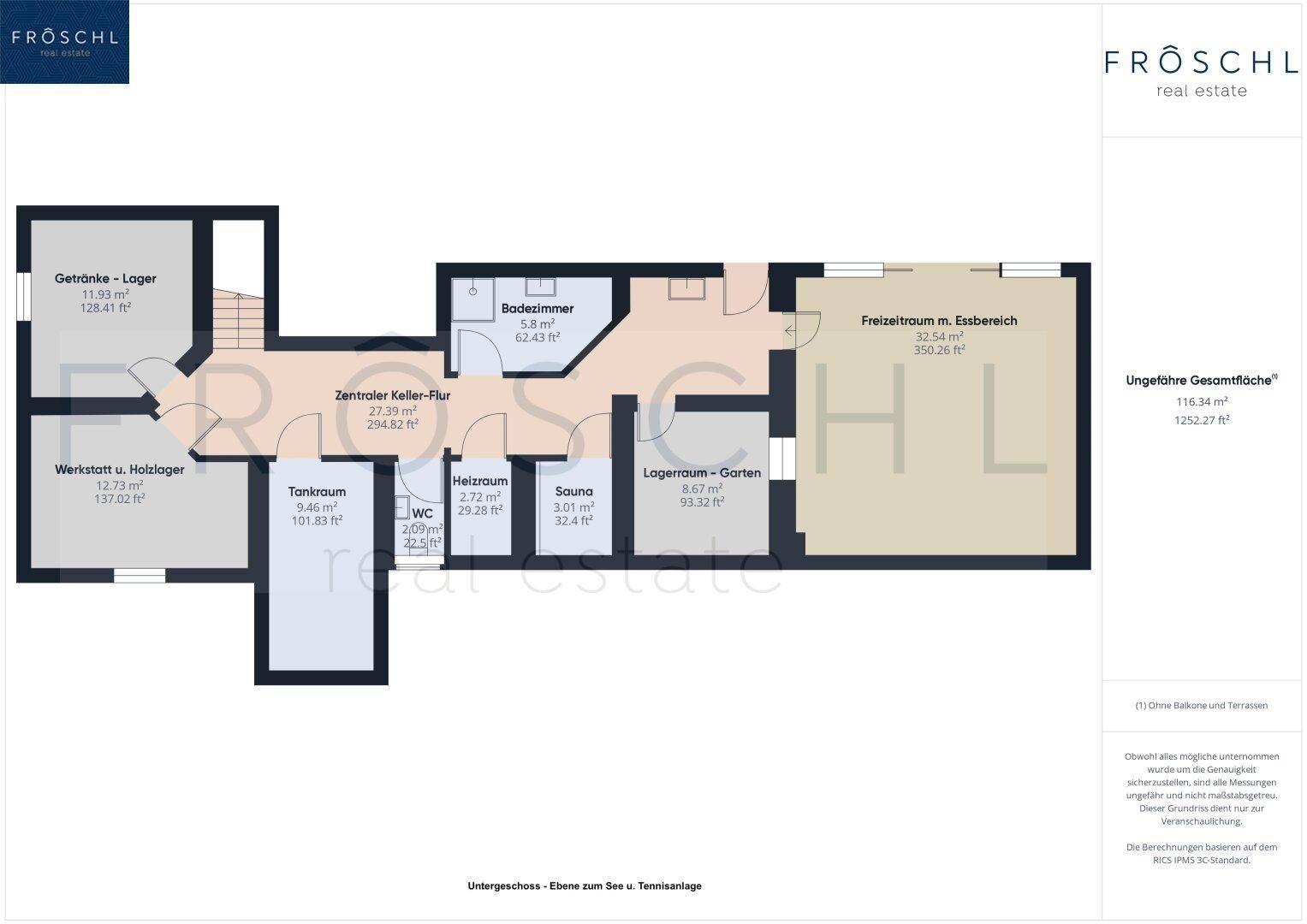 Grundriss des Untergeschosses mit Freizeitraum, Sauna, Keller und Technikräumen.