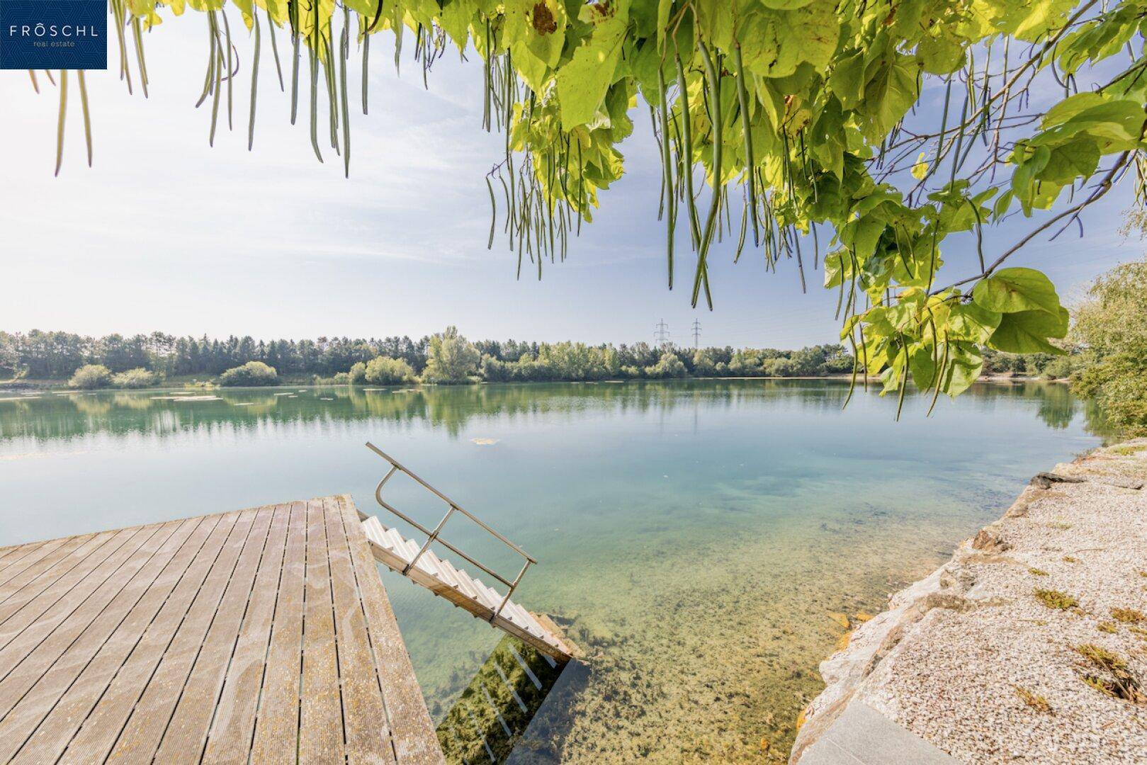 Holzsteg mit Treppe zum See, umgeben von üppiger Vegetation und klarem Wasser.
