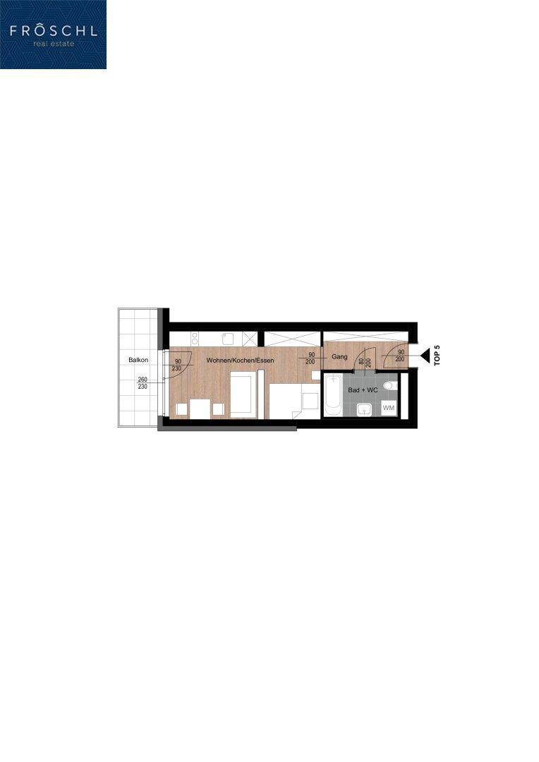 Detaillierter Grundriss einer Wohnung mit Balkon, Wohnküche und Bad.