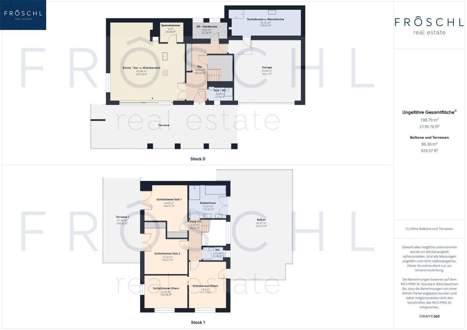 Übersichtsgrundriss beider Etagen mit Wohnbereichen, Schlafzimmern, Terrassen und Balkon.