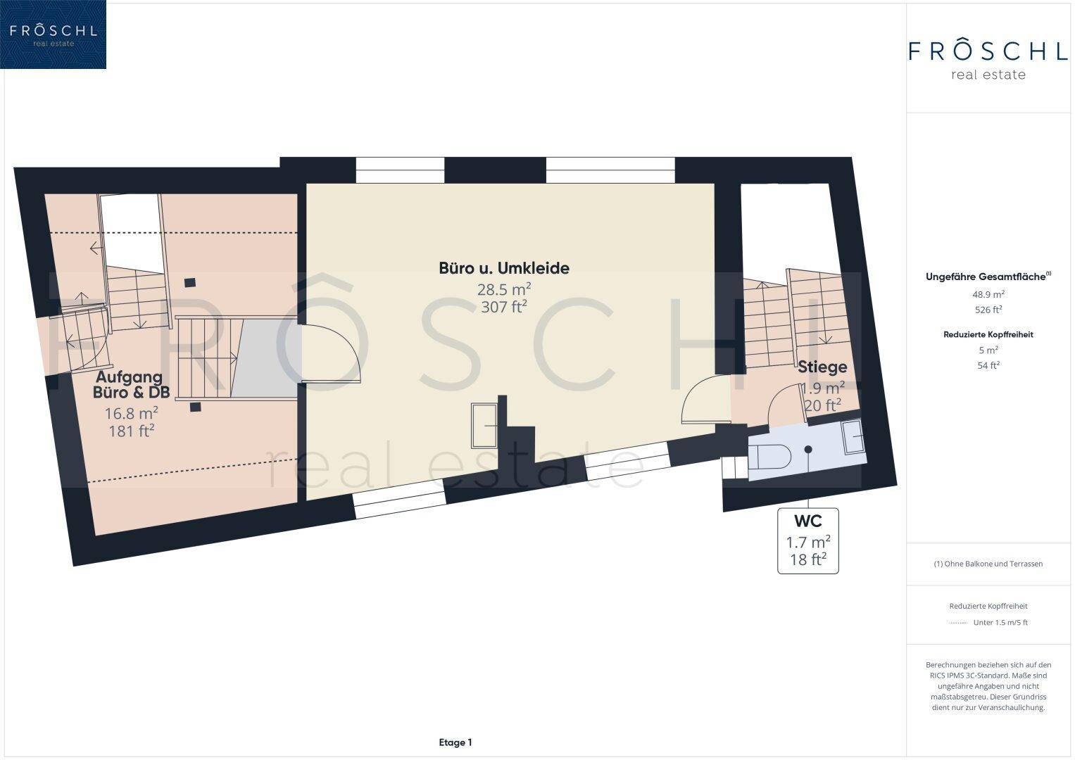 Detaillierter Grundriss des ersten Obergeschosses mit Büro, Umkleide und WC.