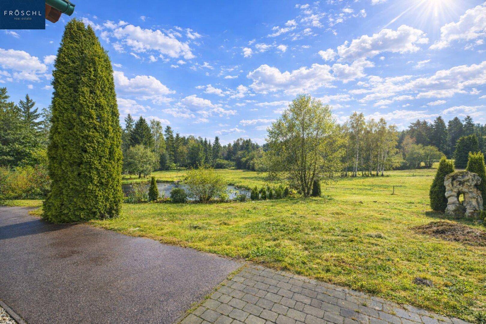 Sonniger Gartenbereich mit gepflastertem Weg, hohen Bäumen und weitem Blick ins Grüne.
