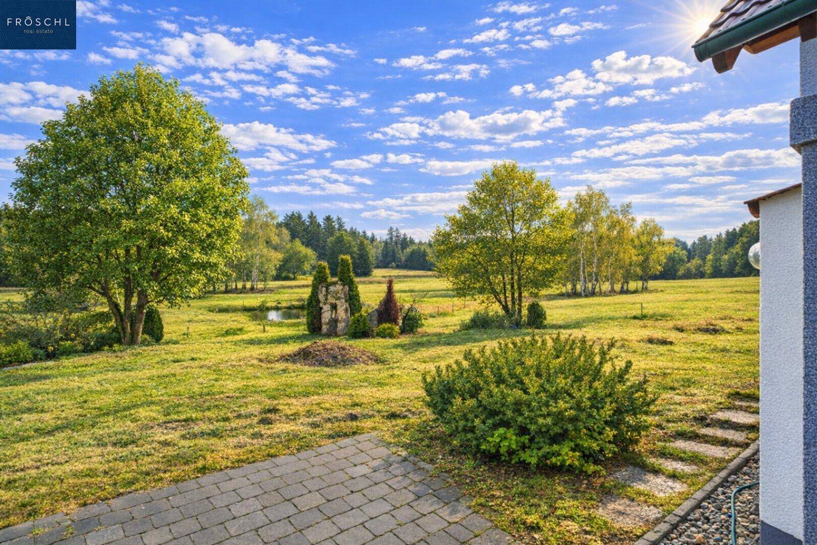 Weitläufiger Gartenbereich mit gepflastertem Weg, Teich und üppiger Vegetation unter blauem Himmel.