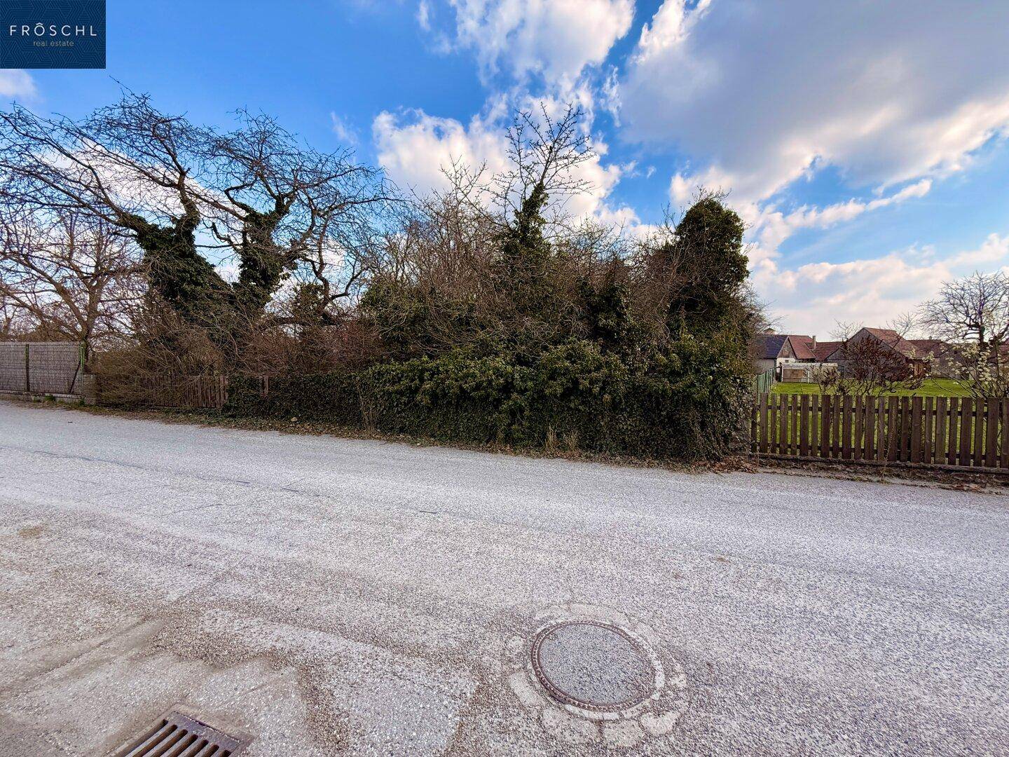 Unbefestigte Straße vor dem Grundstück mit üppiger Vegetation und einem Kanaldeckel.