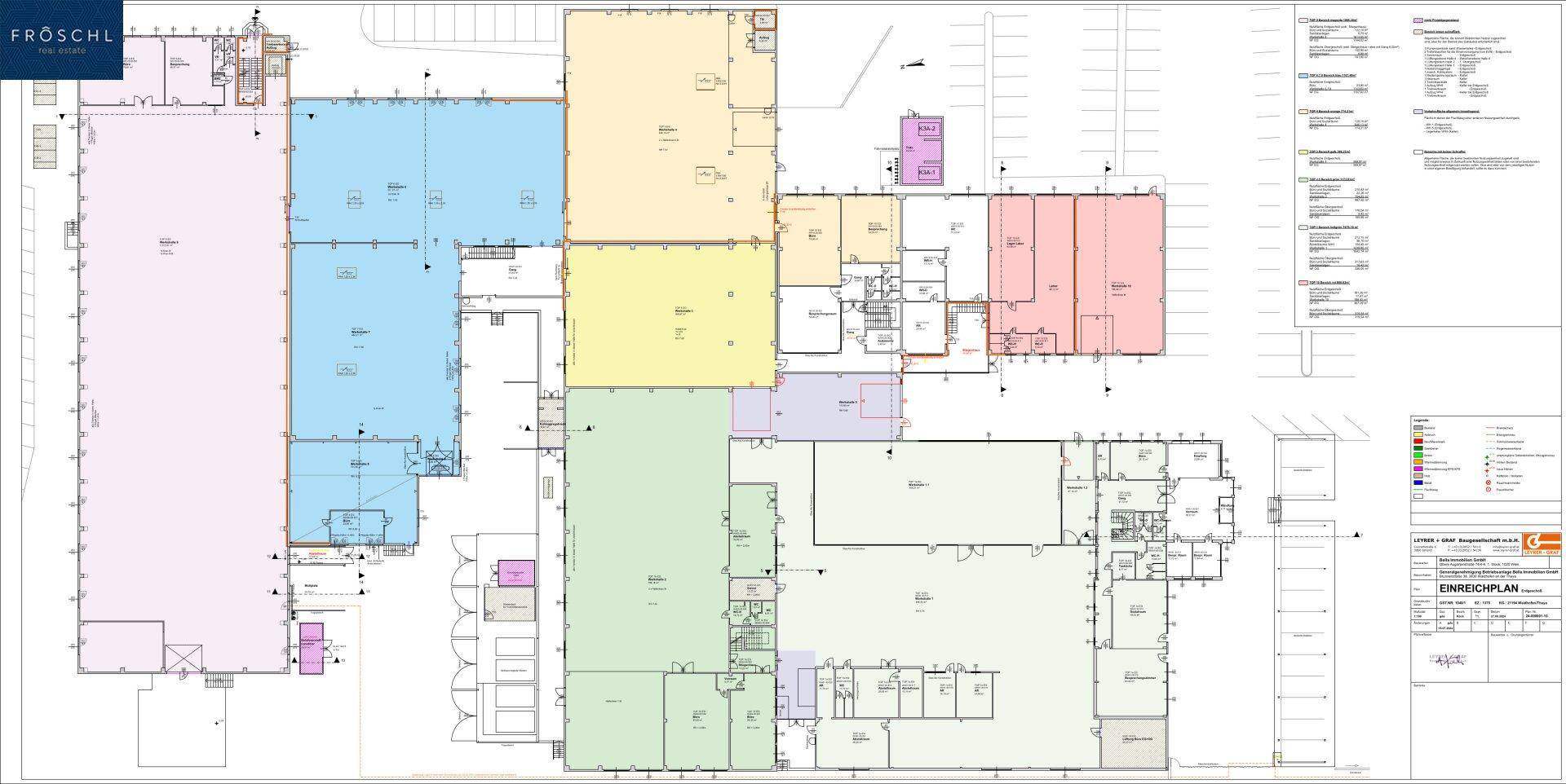 Detaillierter Grundrissplan mit farblich markierten Funktionsbereichen des gesamten Gebäudekomplexes.