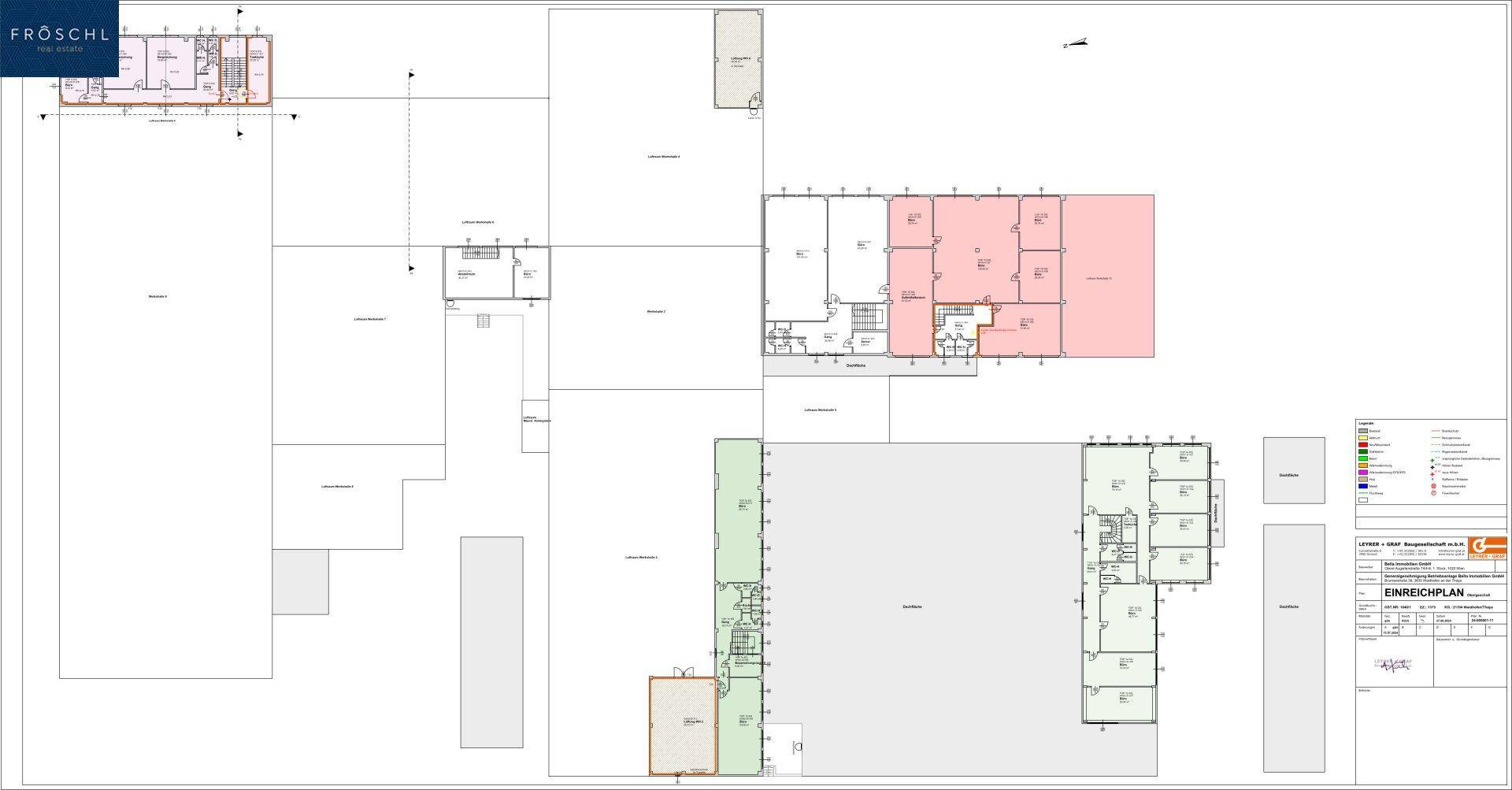 Übersichtsplan des Gebäudekomplexes mit hervorgehobenen Bereichen und Grundstücksgrenzen für eine klare Orientierung.