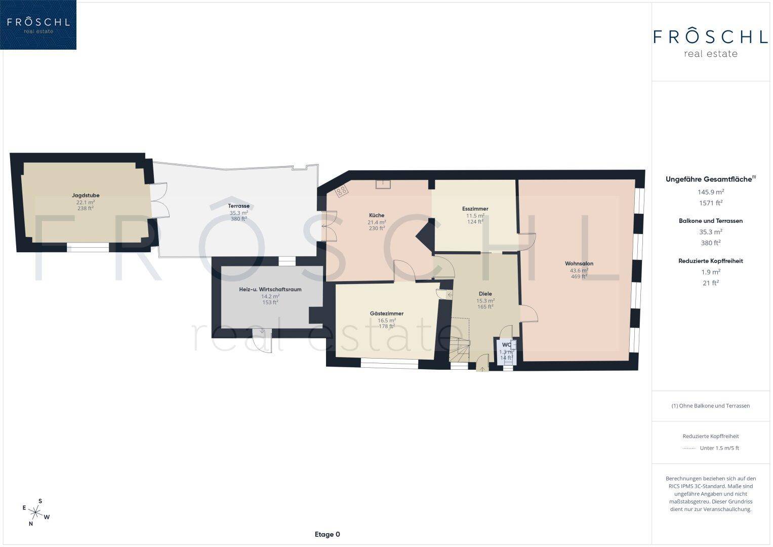 Grundriss der Etage 0 mit Wohnzimmer, Küche, Esszimmer, Gästezimmer und Zugang zur Terrasse.