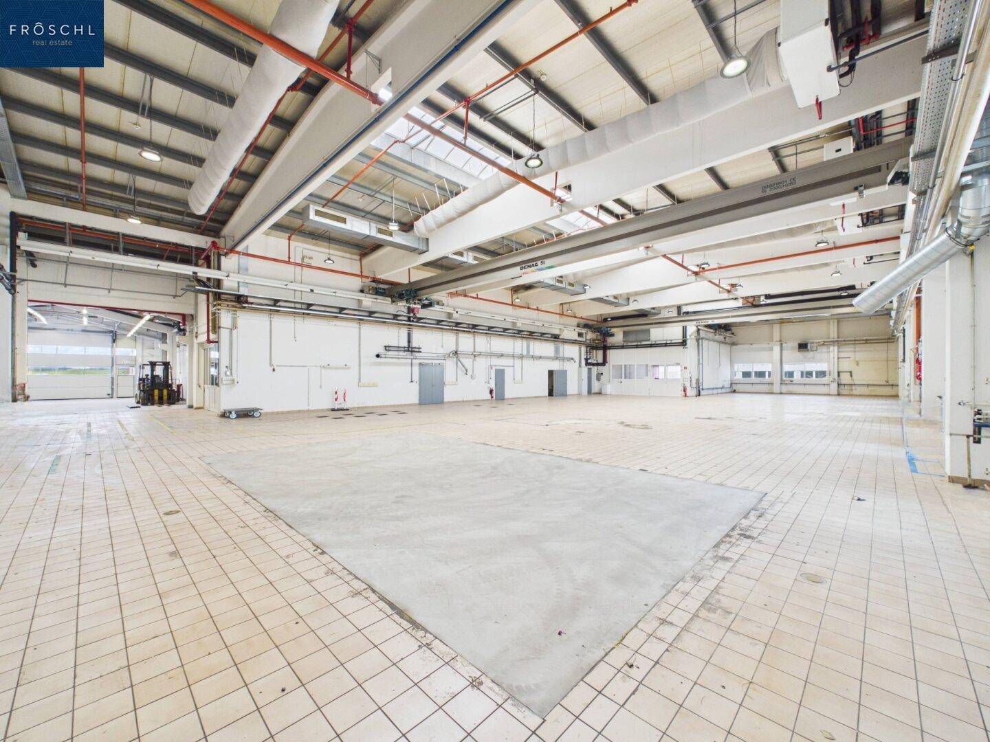 Große Industriehalle mit gefliestem Boden im Vordergrund und Betonboden im hinteren Bereich.