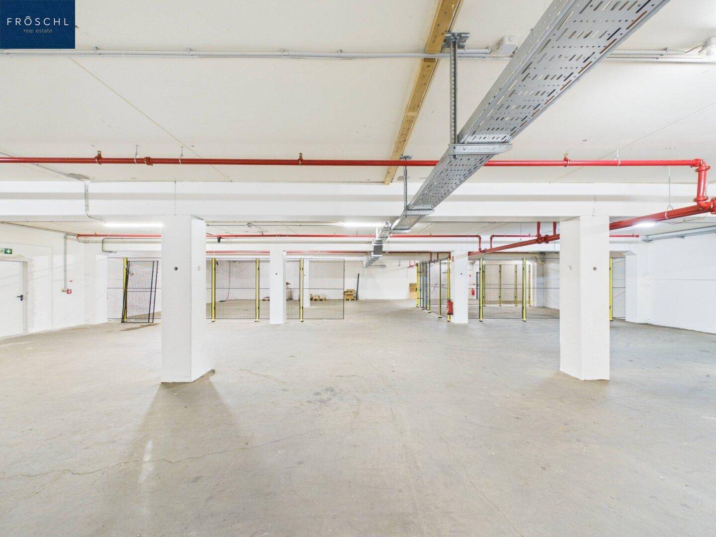 Geräumiger Lagerbereich mit Betonboden, Säulen, Kabeltrassen und roten Rohrleitungen an der Decke.