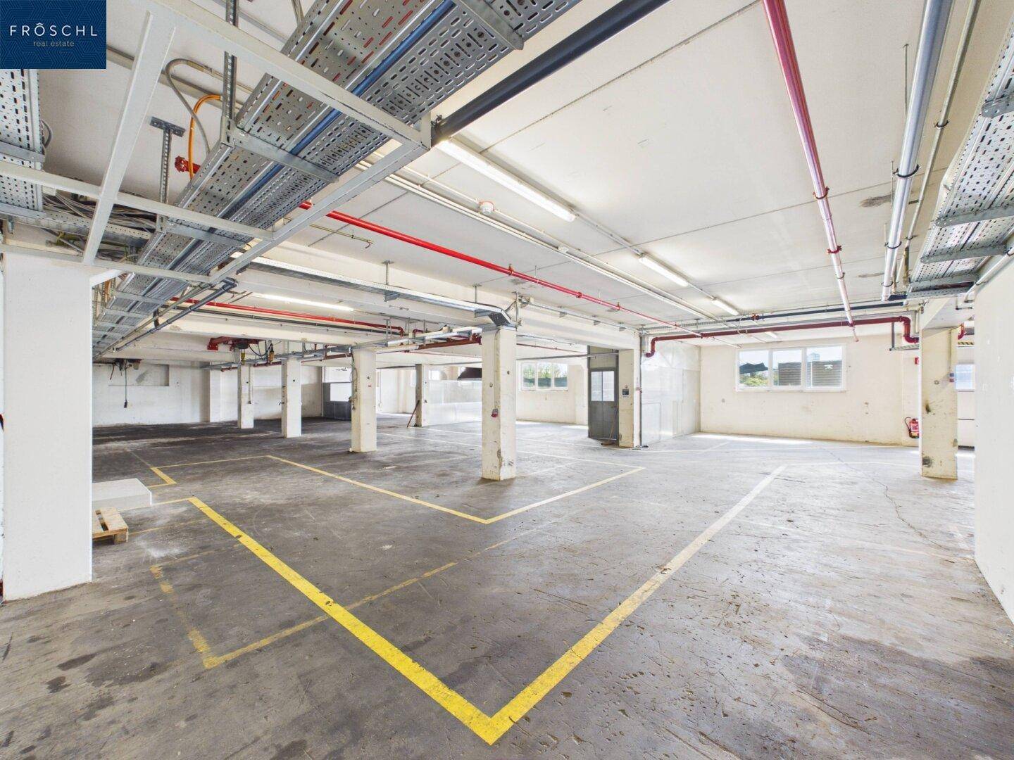 Heller Industrieraum mit Betonboden, Säulen, Kabeltrassen und Fenstern für natürliches Licht.