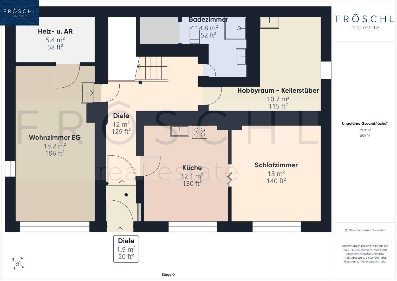 Grundriss des Erdgeschosses mit Wohnzimmer, Küche und Schlafzimmer.