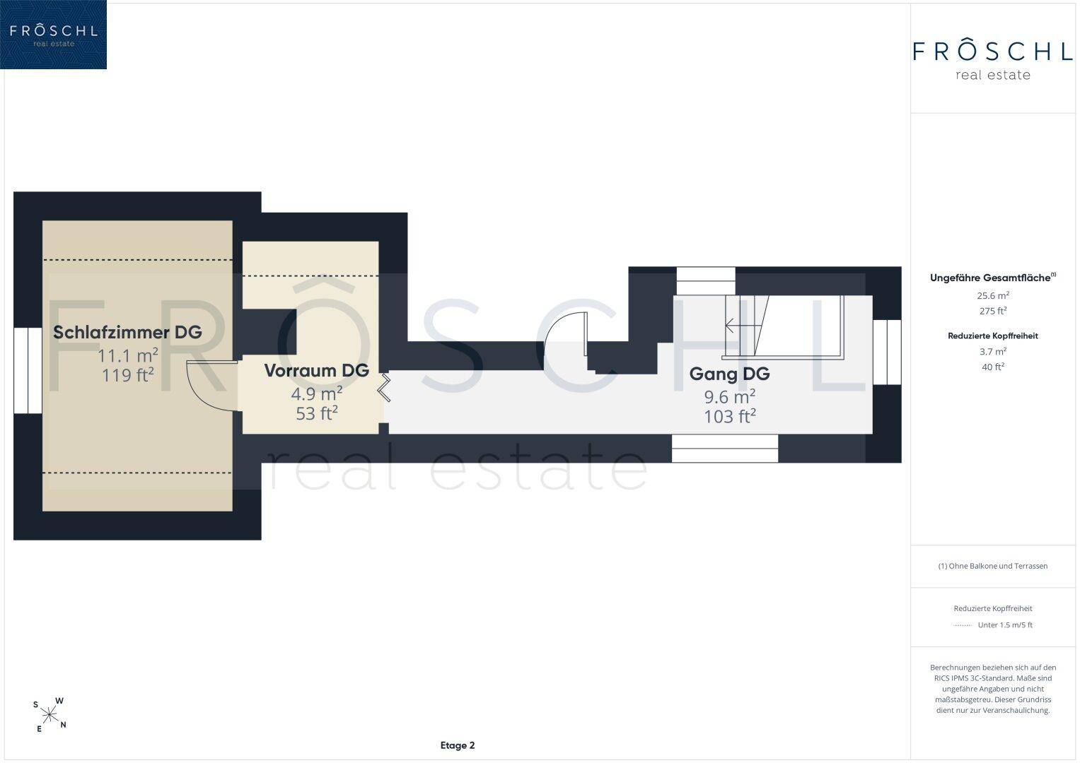 Detaillierter Grundriss des Dachgeschosses mit Schlafzimmer, Vorraum und Gang.