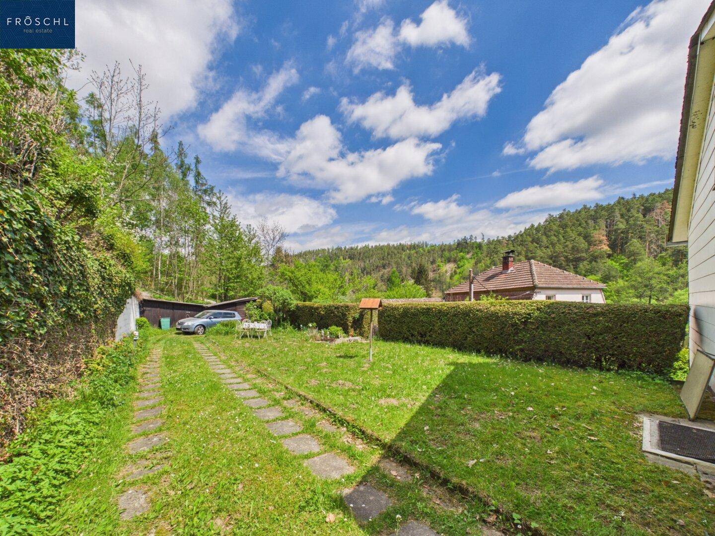 Langer Gartenweg mit Rasen und Hecke, führt zu einem Parkplatz im Grünen.