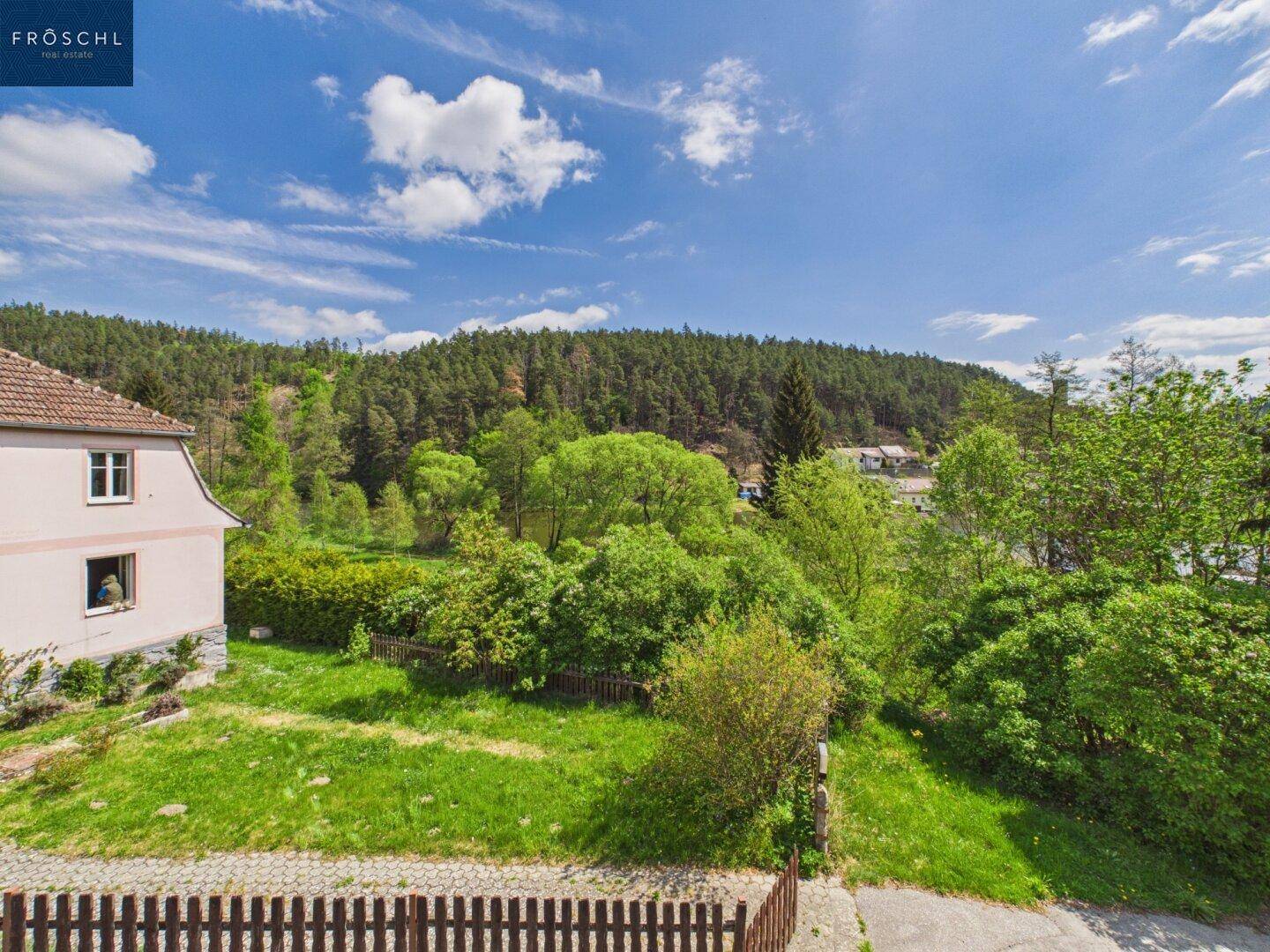 Panoramablick über die grüne Hügellandschaft unter einem strahlend blauen Himmel.