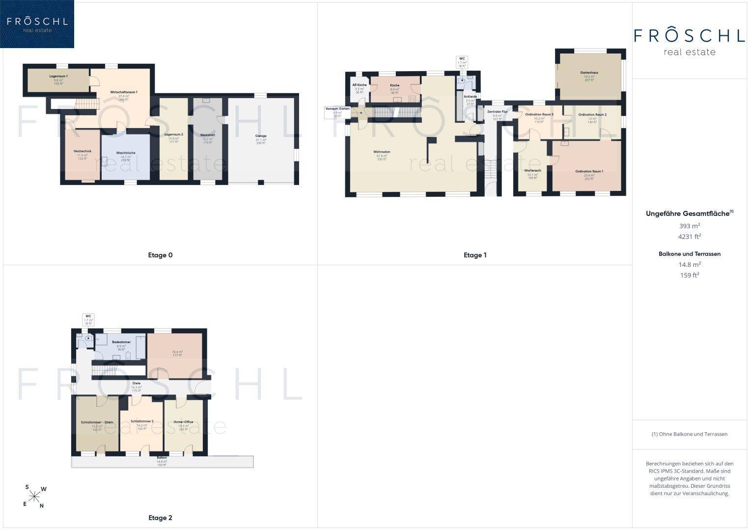 Übersicht der Grundrisse für Etage 0, Etage 1 und Etage 2 des Gebäudes.
