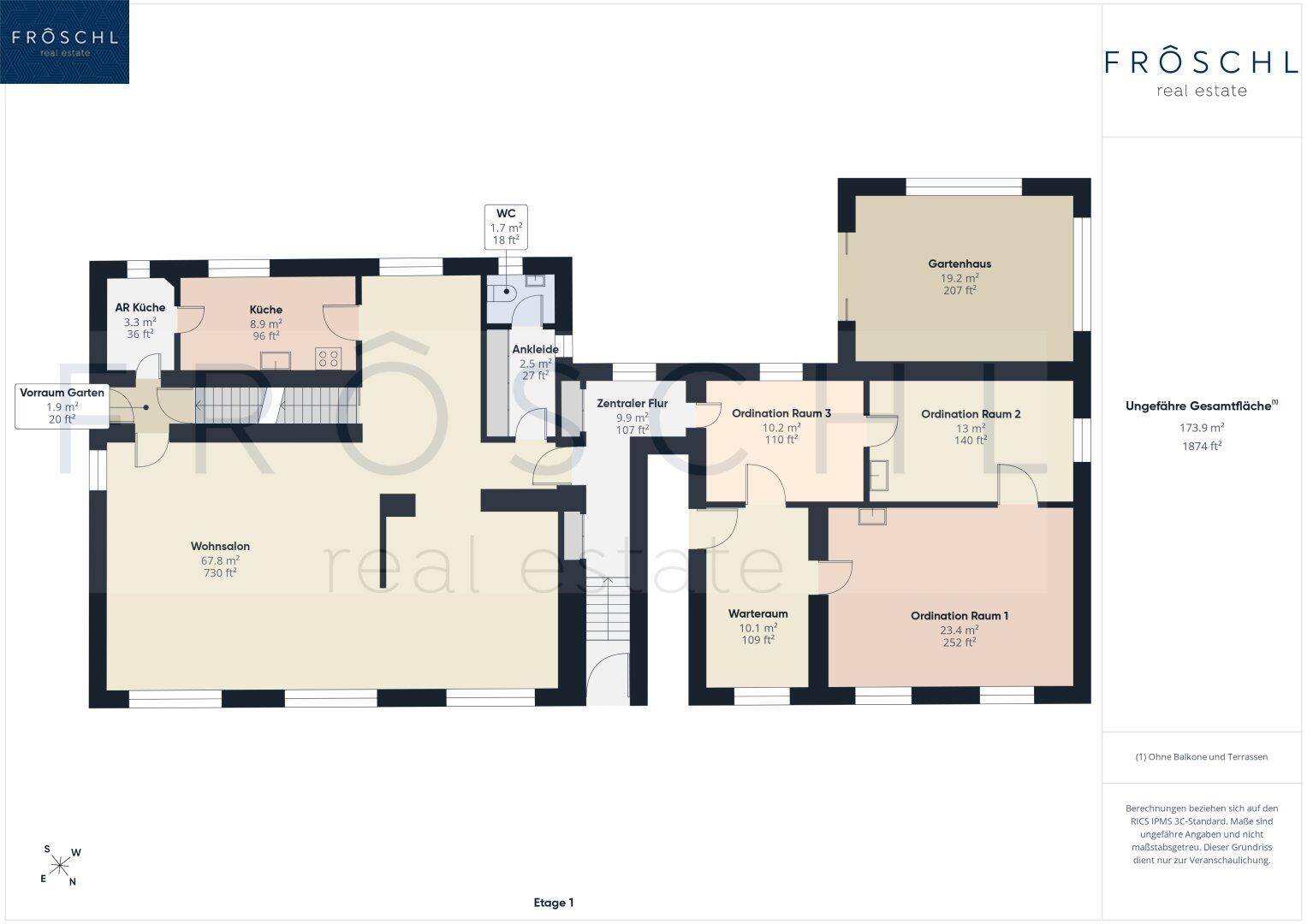 Grundriss der ersten Etage mit Wohnsalon, Küche, WC, Ankleide und mehreren Ordinationsräumen.