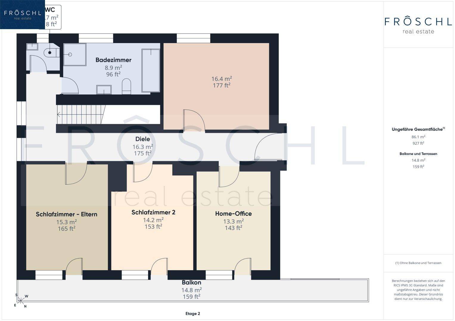 Grundriss der zweiten Etage mit Schlafzimmern, Home-Office, Badezimmer und großem Balkon.