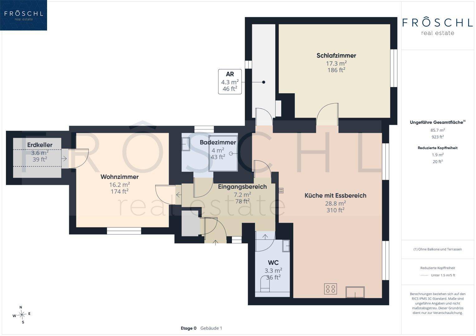 Grundriss von Etage 0, Gebäude 1, mit Wohnzimmer, Schlafzimmer, Küche mit Essbereich und Bad.