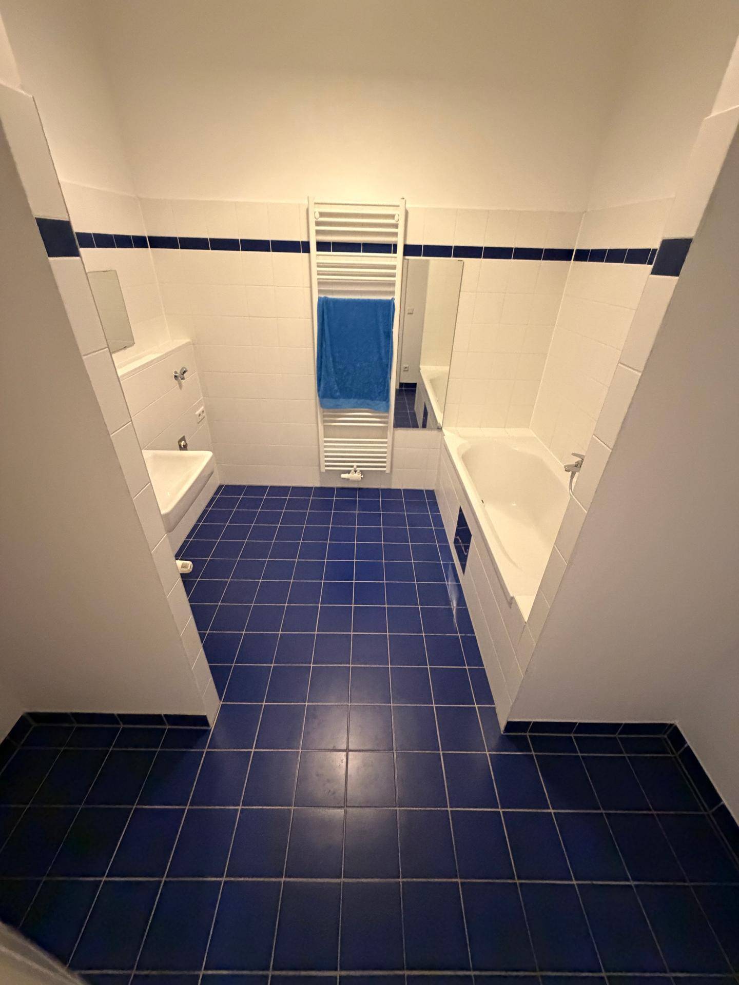 Badezimmer mit blauen Fliesen, Badewanne und Handtuchheizkörper, in einem gepflegten Zustand.