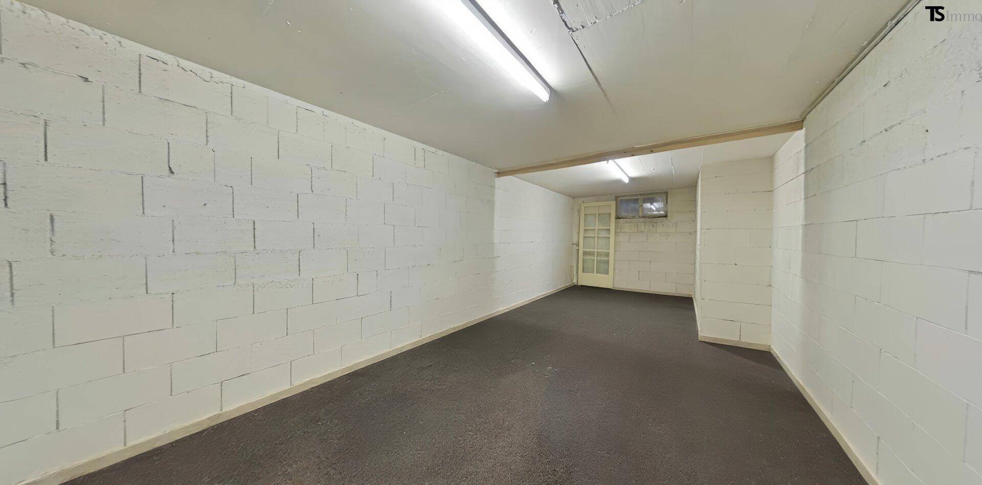 Heller Kellerraum mit weißen Betonwänden, dunklem Boden und einer Tür mit Glaseinsätzen.